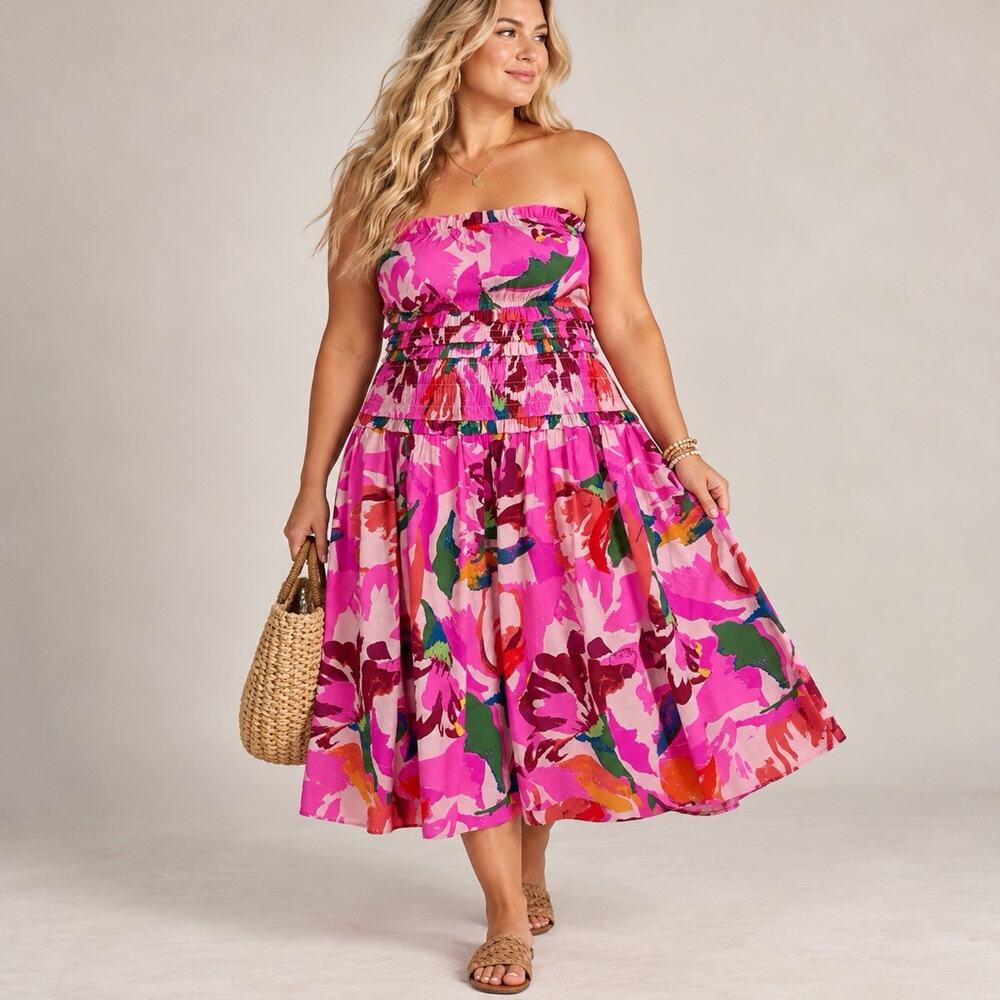 Free Assembly XXL 20 Strapless Floral Midi Sun Dress Pink Cotton Pocket NWT